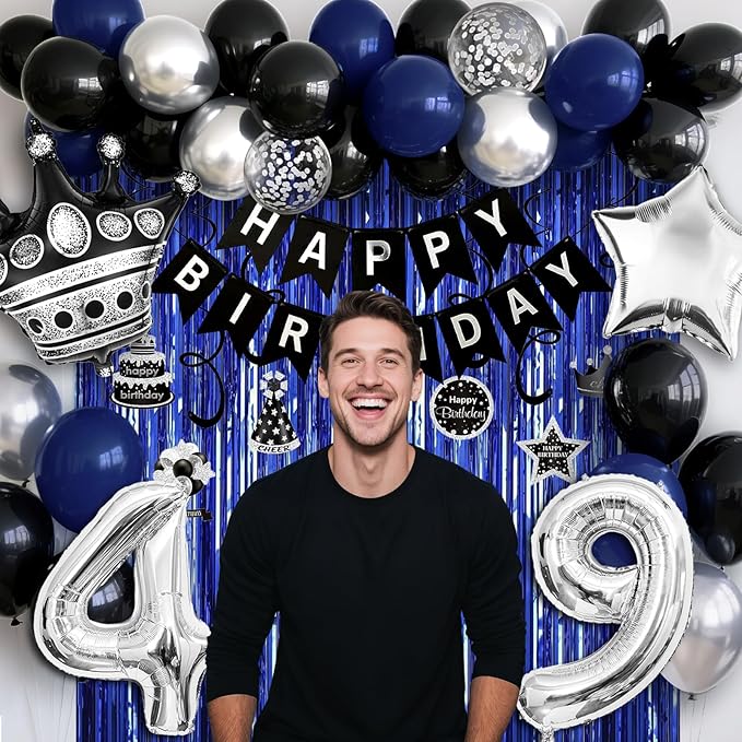 49th Birthday Decorations for Men and Women, Black Blue Silver Happy Birthday Number 49 Balloons, Banner, Fringe Curtains Garland Kit - 49 Year Old Party Supplies