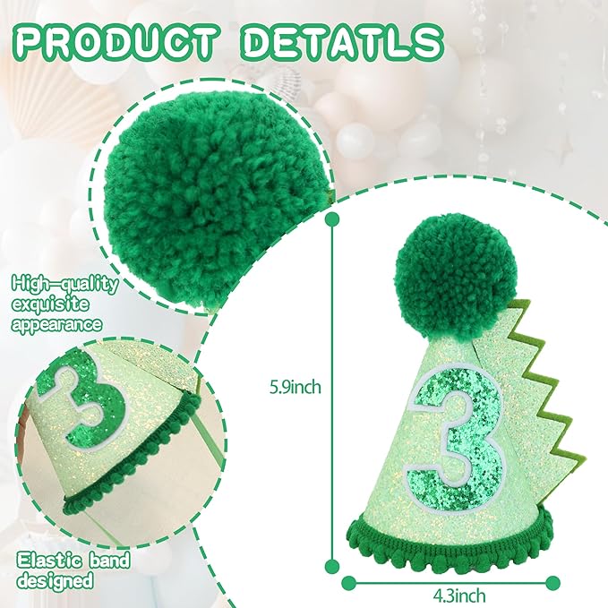 Green Glitter Dinosaur Birthday Cone Hat for 1-5 Years Old Kids Boys Dino Dinousour Birthday Hat Party Decoration