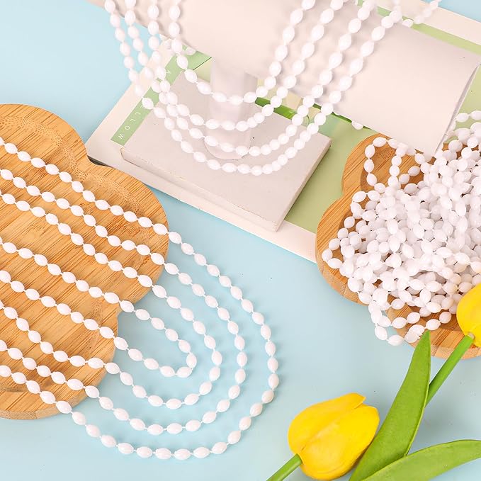 24PCS White Bead Necklaces, Metallic Oval Mardi Gras Beads Stuff Party Favors, Aesthetic 32" Necklaces Costume for Festival Parade Throw Accessories Wedding Birthday New Year 4th of July Decorations