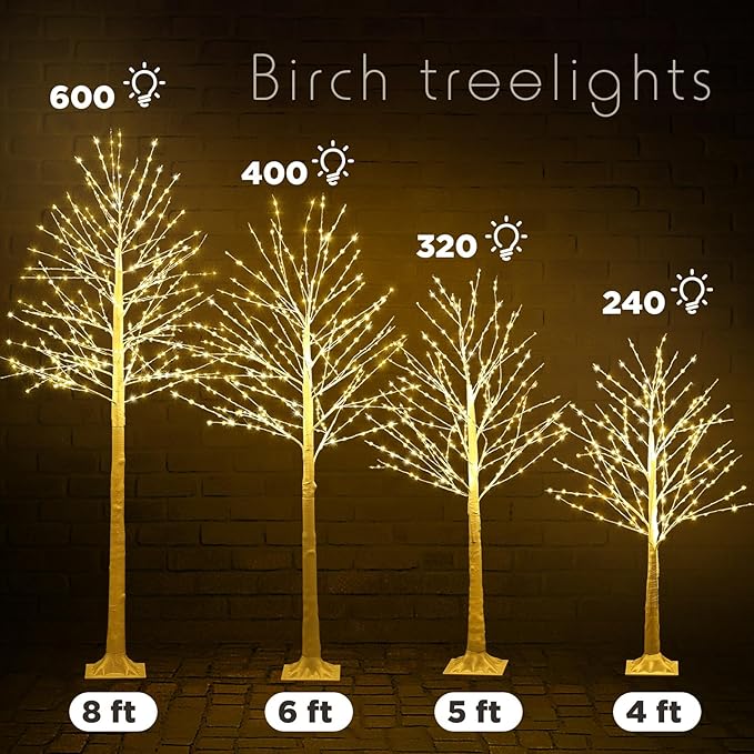 Baquler 8 Pack Lighted Birch Tree - Large Christmas Warm-White LED 8 Mode Light Birch Tree Decoration Set for Thanksgiving Holiday Fall Winter Party Decor, Indoor & Outdoor (4 5 6 8 ft)