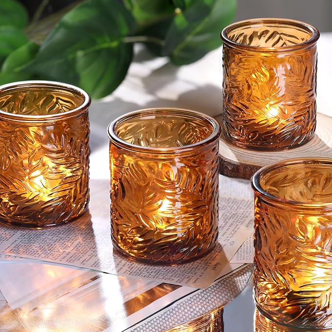 24 pcs Amber Votive Candle Holders, Tea Light Candle Holders for Wedding Centerpieces, Glass Candle Holder for Vintage Home Christmas Decoration Party Supplies