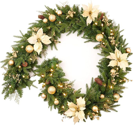 Pre-lit 9ft Christmas Garland with Gold Berries and Balls,Pine Cone,Golden Flower and 50 Battery Operated Soft White LED Lights with Timer,Artificial Holiday Decoration Door Outdoor