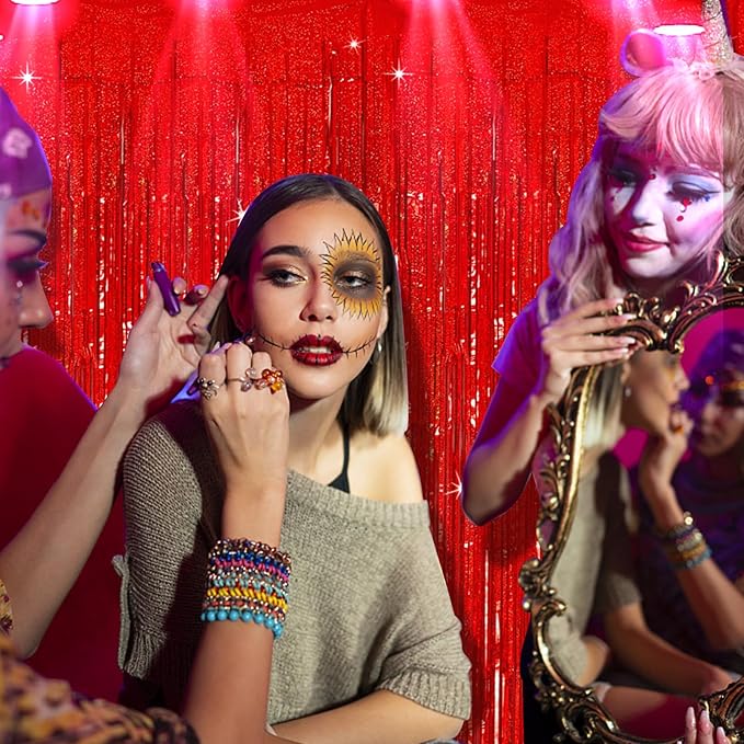 Tinsel Curtain Party Backdrop Red Birthday Decorations 2 Packs Glitter Foil Fringe Curtain Party Decor Streamers Photo Booth for Birthday Christmas Wedding Halloween Graduation Decorations