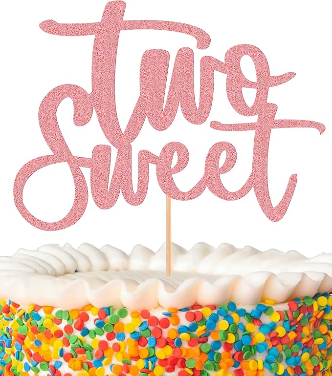 Two Sweet Cake Topper - Glitter Pink 2nd Birthday Cake Decorations, Second Anniversary Cake Pick (Pink)