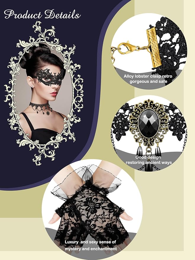 Newcotte 6 Pcs Masquerade Mask for Women Lace Mask Choker Necklace Glove for Christmas Halloween Venetian Party 80s 90s