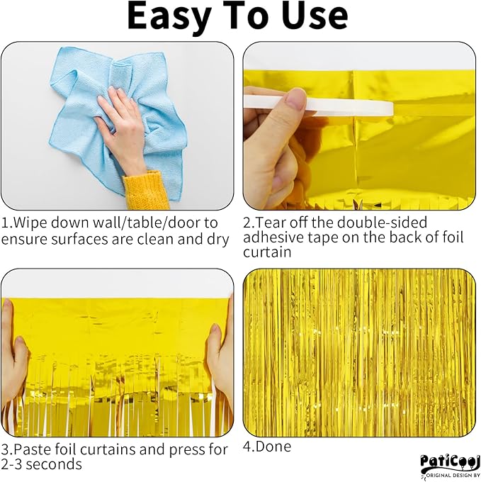 Gold Streamers Graduation Decorations - Thicken 2 Pack 3.2 x 8.2 FT - Golden Tinsel Foil Fringe Backdrop Curtains Party Backdrop for Birthday, Prom, Hollywood, Anniversary Party Decorations