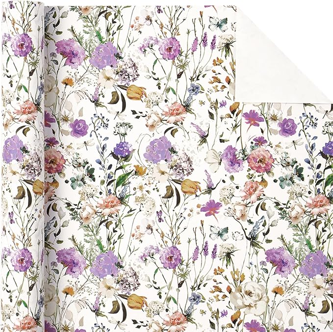 WRAPAHOLIC Kraft Floral Wrapping Paper Roll - Mini Roll - 17 Inch x 16.5 Feet - Garden Wildflower Wrapping Paper Perfect for Girls Women Birthday, Wedding, Bridal Shower