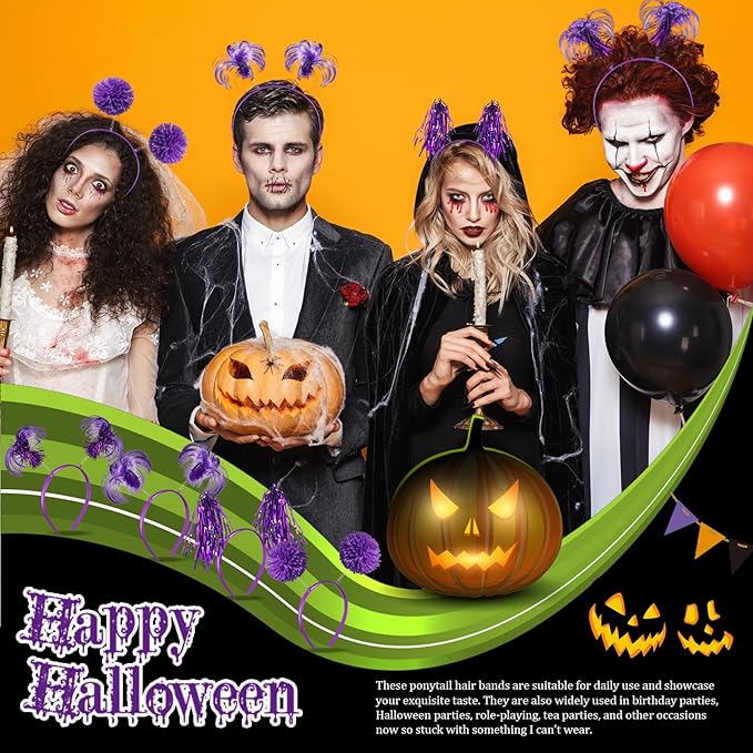 Censen 24 Pcs Pom Pom Headband Tinsel Wrapped Ponytails Head Bopper Costume Headwear Halloween Party Hair Accessories