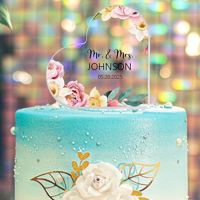 Custom Wedding Heart Acrylic Plaque,Mr & Mrs Cake Topper,Personalized Wedding Keepsake/Gift/Sign (Style 1)