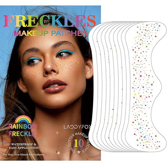 10 Pcs Colorful Glitter Freckles Face Tattoos, Multichrome Rainbow Glitter Freckles Face Tattoos, Waterproof and Long-lasting Face Temporary Tattoos for Women