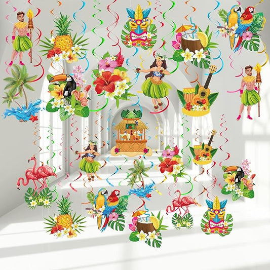 Outus 30 Pieces Hawaiian Luau Birthday Party Hanging Swirl Decorations, Flower Tropical Palm Flamingo Sign Foil Ceiling Decor for Floral Tropical Party Summer Beach Pool Tiki Supplies(Bird)