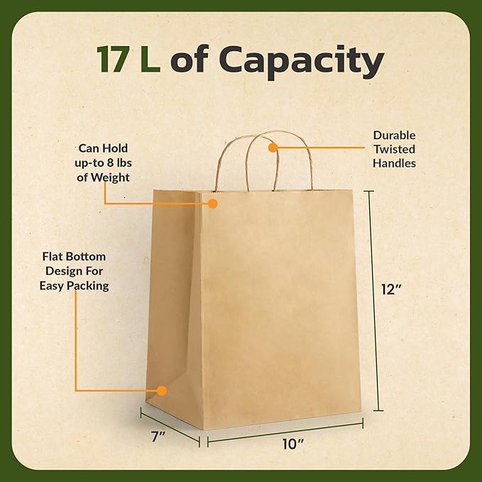 EKOBAGS Granvia | 10x7x12 inches | 100-Pack Kraft Paper Gift Bags with Handles | 115 GSM Brown Paper Bags for Small Business, Shopping & Party Favors | Recyclable | Holds up to 13.8L/8 lbs