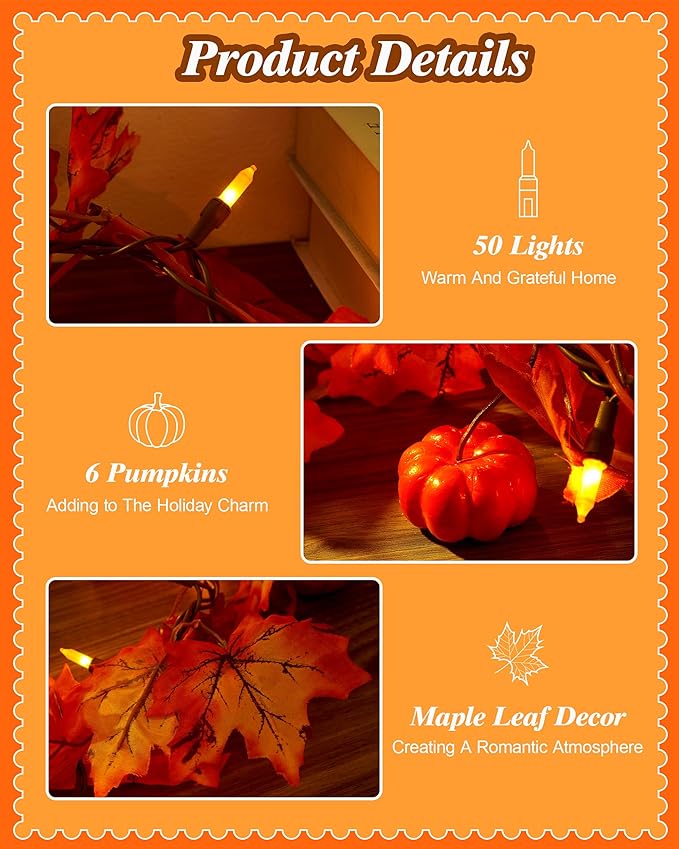 VCOKEN 11FT Fall Garland With Lights - 50 Bulbs Connectable Maple Leaves With Pumpkin, Plug-in Decor for Outdoor Indoor Halloween Thanksgiving Holidays