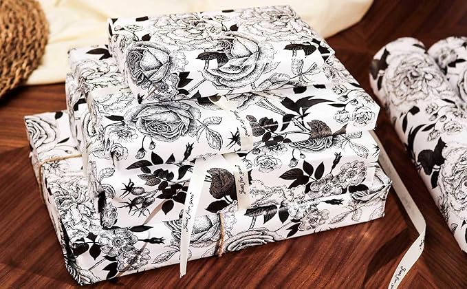YXTII Floral Wrapping Paper, Black Flower Wrapping Paper with Cut Lines for Birthday, Wedding, Valentines, Christmas, Bridal Shower, Baby Shower, 17 Inches x 33 Feet