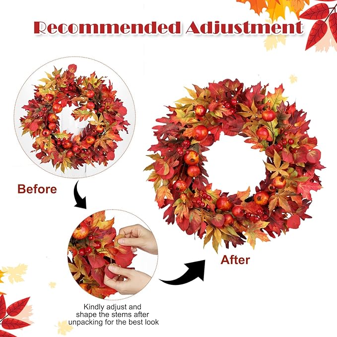 Briful 24 Inch Fall Wreaths for Front Door Artificial Autumn Maple Leaf Wreath with Red Berries & Pomegranate Outdoor Fake Hanging Wreath for Harvest Thanksgiving Home Mantle Window Porch Decor