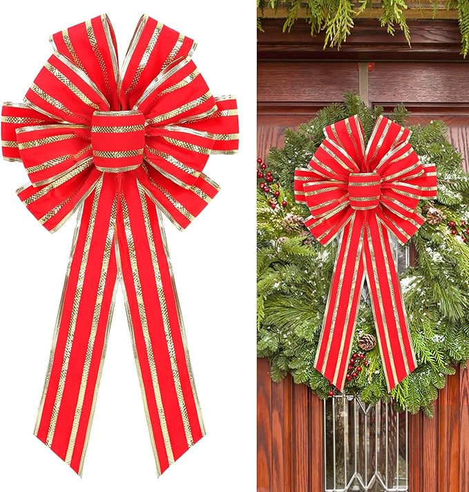 RoseCraft Red/Gold Christmas Bow, 9”x13” Large Velvet Christmas Tree Topper Bow Ornaments for Home Xmas Tree Wreath Fence Stairs Railing Fireplace Indoor Outdoor Front Door Party Decoration.