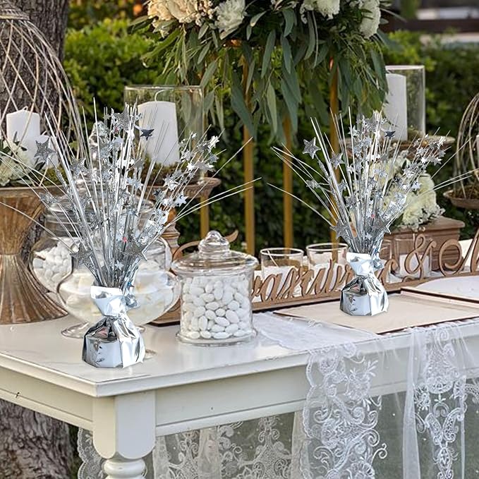 12 Pack Metallic Sliver Foil Spray Centerpieces Stars Brust Table Centerpieces for Wedding Birthday Anniversary Holiday Party Decor, Metallic Star Balloon Wights for Party, Decor for Party