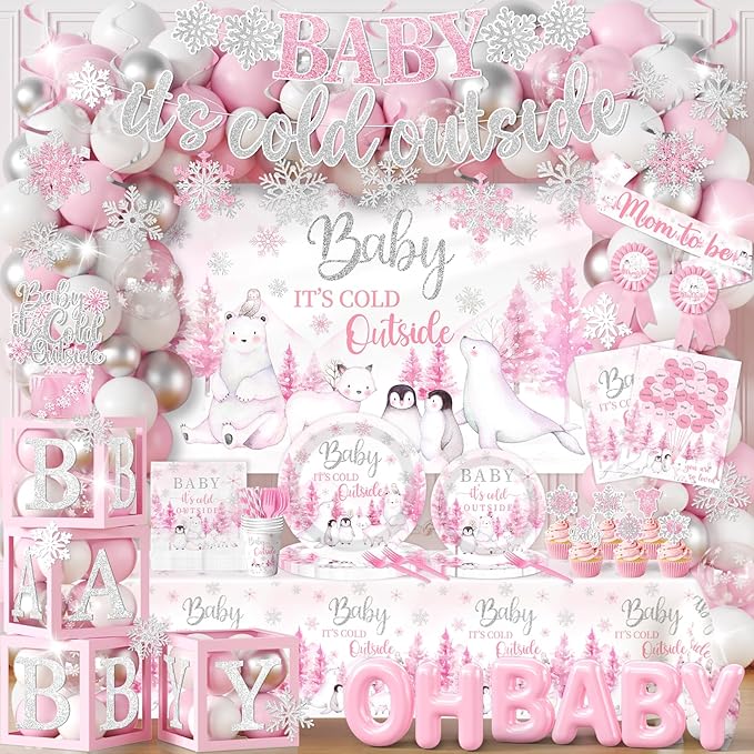 Baby Its Cold Outside Baby Shower Decorations,Pink Winter Wonderland Baby Shower Decorations Plates Napkins Cup Backdrop Banner Swirls Tablecloth Balloons Box for Girl Winter baby shower Decorations