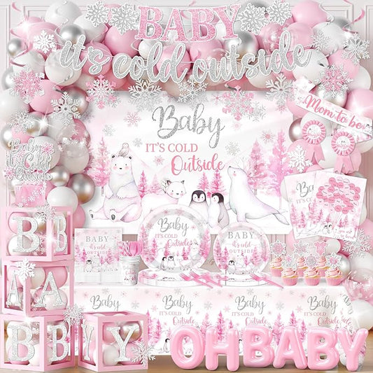 Baby Its Cold Outside Baby Shower Decorations,Pink Winter Wonderland Baby Shower Decorations Plates Napkins Cup Backdrop Banner Swirls Tablecloth Balloons Box for Girl Winter baby shower Decorations