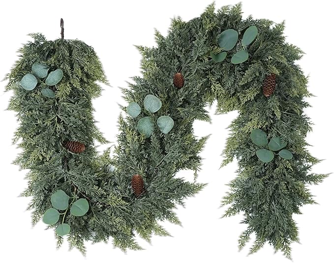 6FT Norfolk Pine Garland, Cedar Garlands with Eucalyptus,Artificial Pine Garland Christmas Decorations for Mantle Fireplace Outdoor Staircase