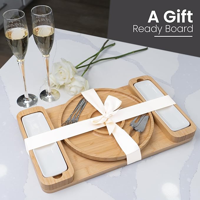 Charcuterie Board Gift Set - Bamboo Cheese Board & Serving Tray for Meat, Cheese, Crackers, Fruit - Large Wooden Charcuterie Boards for Parties - Wedding, Housewarming, Birthday Gifts for Women