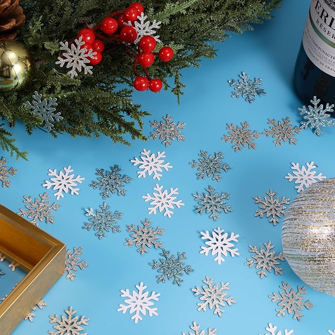 VHUWE Winter Snow Confetti, 200 Pcs Glitter Silver Light Blue White Snowflakes Confetti for Birthday Baby Shower Holiday Party Christmas Table Centerpiece New Years Eve Decorations Supplies - Paper