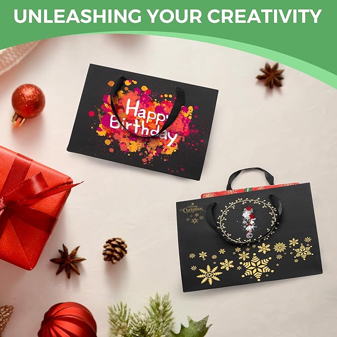 MOXARYSU Medium Large Black Gift Bags: 12.6x4x8.7 Inch 12pcs Black Paper Bags Bulk For Party Shopping Birthday Wedding (ML,12)