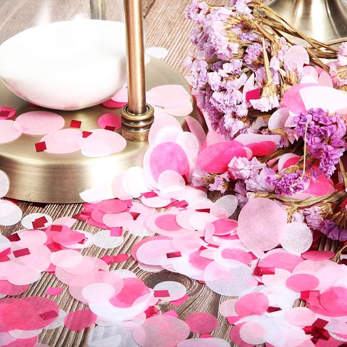 TecUnite Round Tissue Paper Table Confetti Dots for Wedding Birthday Party Decoration, 1.76 oz(Pink Rose Red Confetti,1.5 cm plus 2.5 cm)