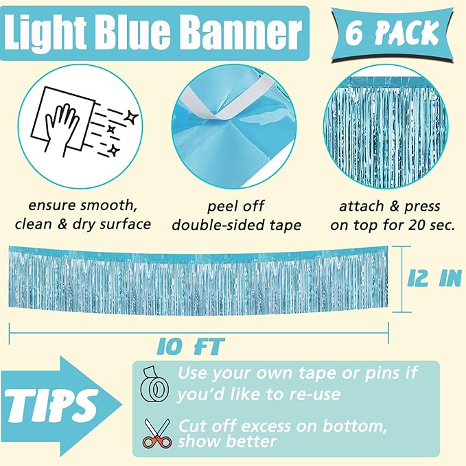 6 Pack 10 Feet Foil Fringe Garland Metallic Tinsel Banner Wall Hanging Curtain Streamers Backdrop for Parade Floats Bachelorette Wedding Birthday Party Thanksgiving Christmas Decorations(Light Blue)