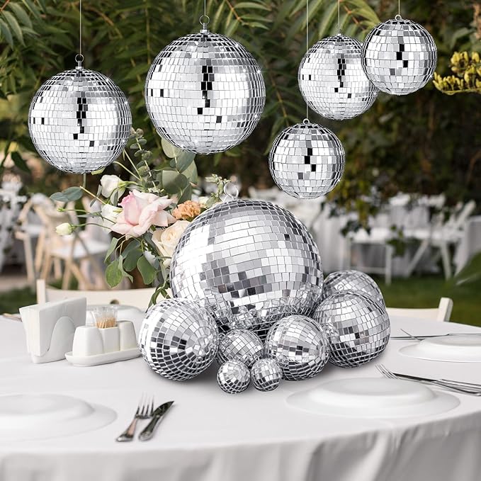 Haull 8 Pcs Large Disco Ball Set Silver Mirror Disco Reflective Ball with Hanging Ring Party Ornament Decoration for Stage Club Ballroom Dance Hall Wedding Prom Props(12'', 8'', 6'', 4'')