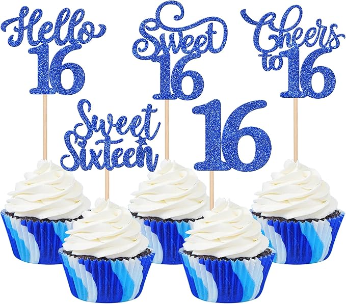 30PCS Happy 16th Birthday Cupcake Toppers Glitter Sweet Sixteen Hello 16 Cupcake Picks Cheers to 16 Birthday Decorations for 16th Birthday Anniversary Party Cake Decoration Supplies Blue