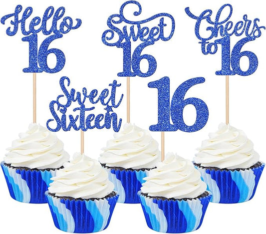 30PCS Happy 16th Birthday Cupcake Toppers Glitter Sweet Sixteen Hello 16 Cupcake Picks Cheers to 16 Birthday Decorations for 16th Birthday Anniversary Party Cake Decoration Supplies Blue