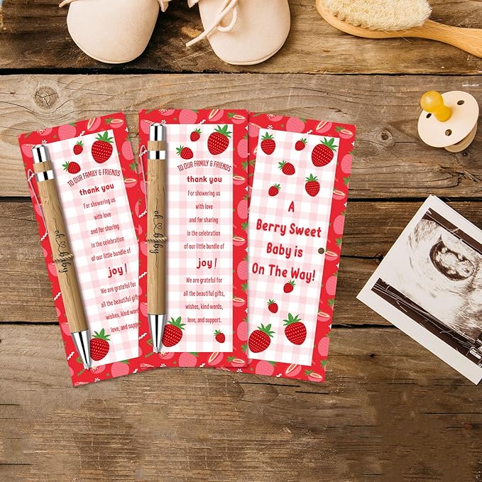 30 Pcs Baby Shower Gifts, Baby Shower Favors for 30 Guest Set Included Bamboo Pens Greeting Thank You Cards, Gender Reveal Souvenirs Prizes, Strawberry Gender Reveal Decor