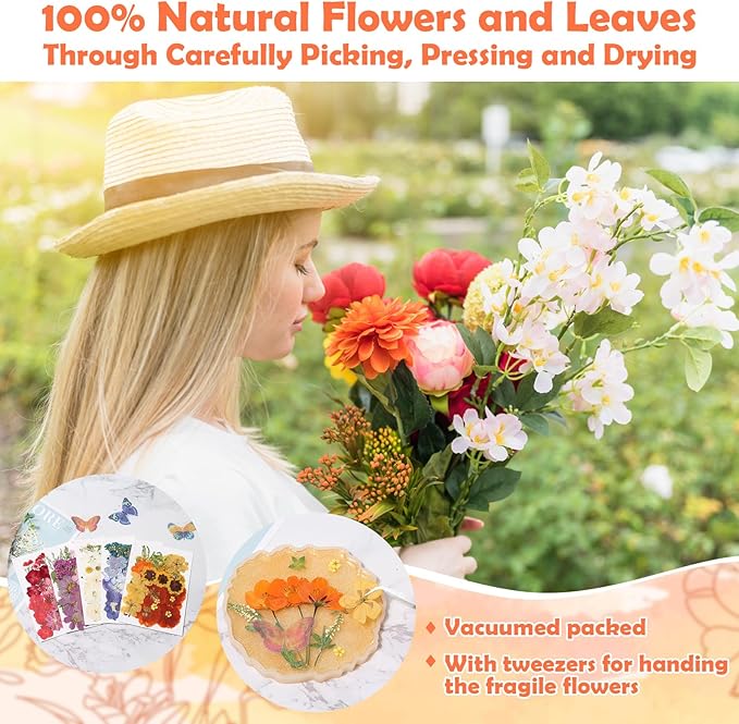 269 PCS Dried Pressed Flowers for Resin Crafts, Bulk Real Nature Pressed Flowers Set Dried Wildflowers Leaves with Butterfly Stickers Tweezers for Jewelry Making DIY Scrapbook Floral Frame Decors