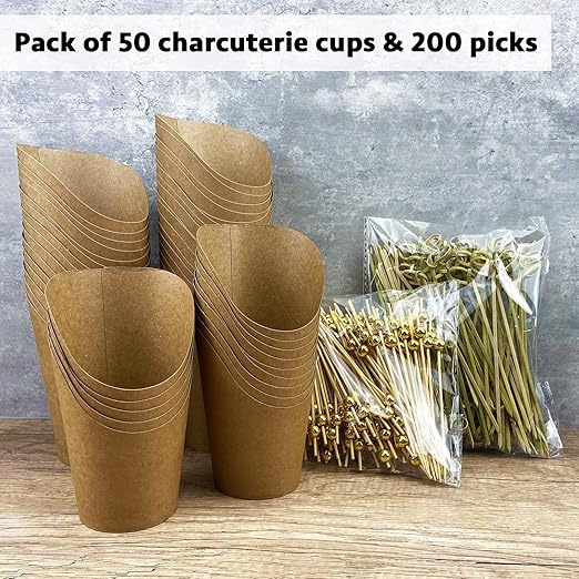 CAMKYDE [50 cups + 200 picks] 14 oz Disposable Charcuterie Cups with Sticks (Brown)