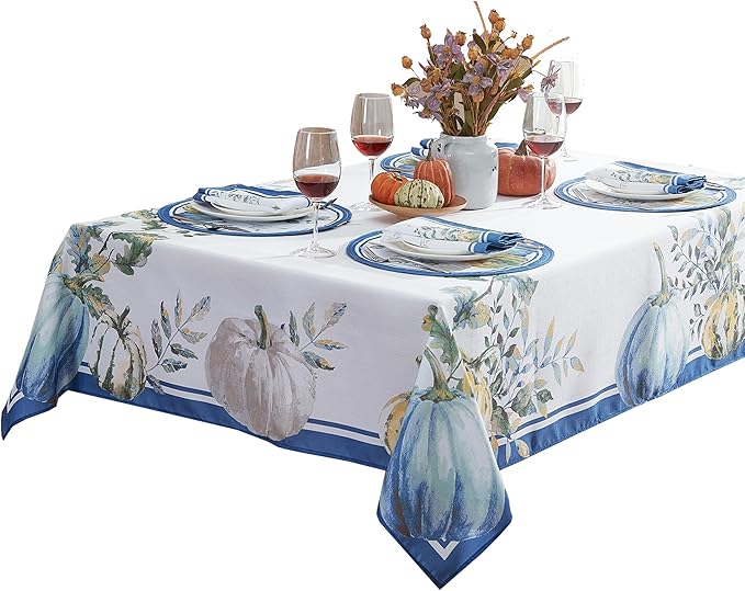 Home Bargains Plus Thanksgiving Contemporary Blue Pumpkin Tablecloth, 60 x 120 Inch Rectangle, Fall Harvest Easy Care Fabric Table Cover