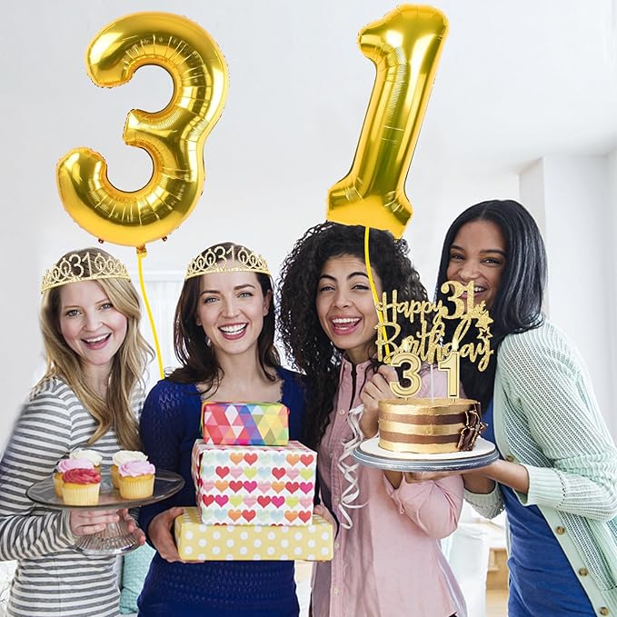 31st Birthday Decorations for Women Gold with 31st Birthday Tiara and Sash, Cake Topper and Number Candles, Number Balloons, 31 Year Old Gifts for Women