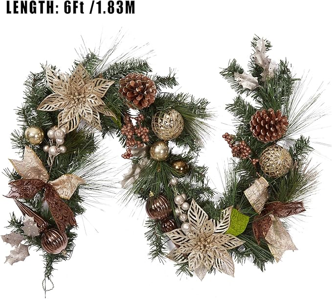 GarveeHome Christmas Garland with Lights for Mantle, 6 ft Pre-Lit Xmas Garland with Brown Ball Ornaments Pine Cones and Ribbon Bows for Fireplace Front Door Window Indoor Outdoor Christmas Decoration