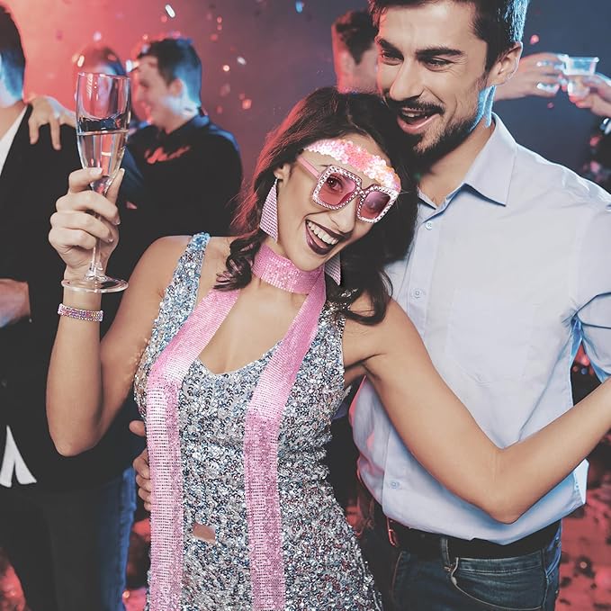 Sasylvia 5 Pcs 70s Disco Accessories Halloween Women Costume Jewelry Sequin Scarf Earrings Sunglasses Bracelet Headband