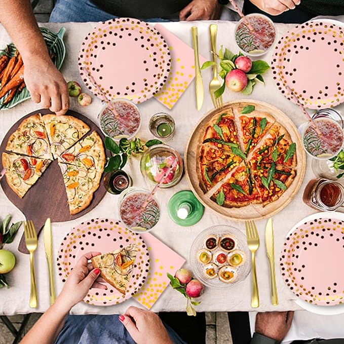 Sylken 186 Pieces pink and Gold Party Tableware Set - 25 Guests Paper Plates, Napkins, Paper Cups, and Tableware for Wedding Shower, graduations, cocktail parties , Birthday etc.
