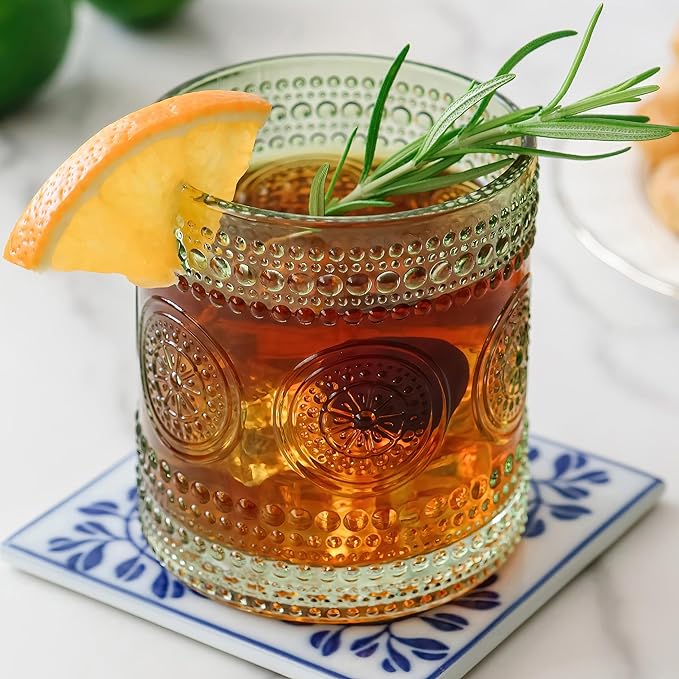 Kate Aspen Hobnail Beaded Floral Green Drinking Glasses Set of 6, (10 oz) Vintage Glassware Set Cocktail Glass Set, Juice Glass, Water Cups | Great Hostess Gift & Gift for New Home Owners