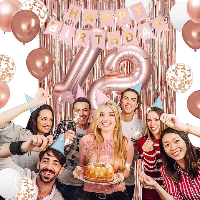 18th Birthday Decorations for Girls, Rose Gold 18th Birthday Party Set with Crown, Sash, Cake Topper, Balloons, Banner, Fringe Curtains - Perfect 18th Birthday Party Supplies