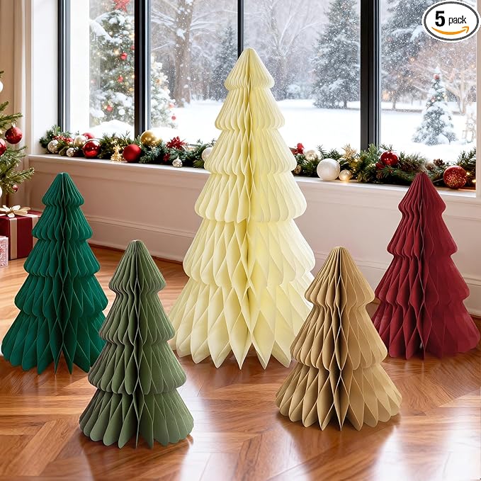 5Pcs Extra Large Christmas Table Decorations Paper Christmas Trees, Light Up Honeycomb Xmas Tree Centerpieces for Tables, Xmas Frozen Winter Wonderland Party Vintage Home Decor, 14/16/24 Inch
