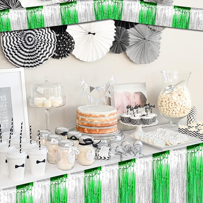 6 Pack 10 Feet Foil Fringe Garland Metallic Tinsel Streamers Banner Wall Hanging Backdrop for Parade Floats, Valentine's Day, Wedding, Birthday, St Patrick Day Party Decorations(Silver Green)