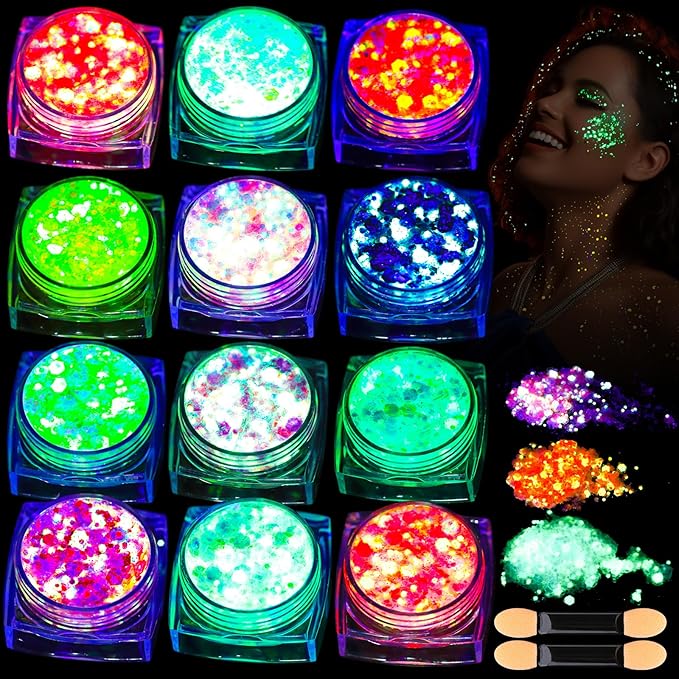 Teenitor 12 Colors Glow in The Dark Glitter Gel, Face Glitter Body Glitter Gel Hair Glitter for UV Black Light Halloween Makeup Raves Festivals