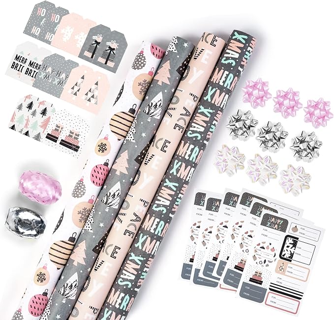 WRAPAHOLIC Christmas Wrapping Paper Set - Rustic Kraft Pink and Grey Christmas Kraft Wrapping Paper Bundle with Gift Bow & Ribbon & Tag & Sticker, Perfect for Birthday, Holiday, Party