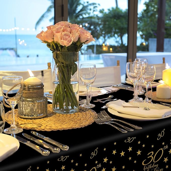 Gatherfun 30th Birthday Disposable Tablecloth 4 Pack Gold and Black Waterproof Plastic Table Cover for Men Woman 30 Birthday Party Decorations
