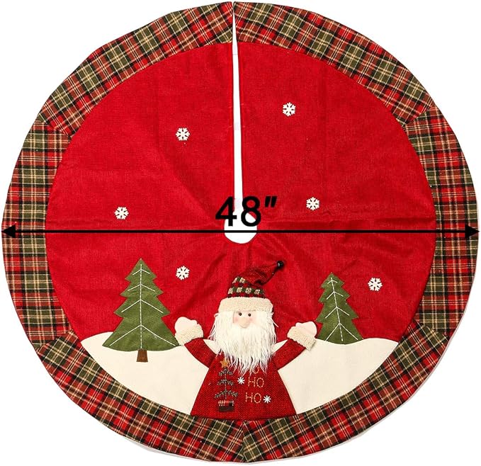 Sunnyglade 48" Christmas Tree Skirt Double-Layer Design Santa Pattern Burlap Christmas Tree Skirt with Buffalo Plaid Edges for Xmas Holiday Decorations (Plaid)