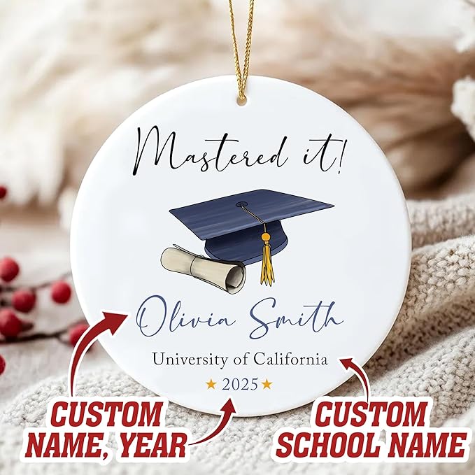 Personalized Class of 2025 Graduation Gifts, Mastered It Christmas Ornaments 2025, Master Degree Graduation Gift for Him Her, Custom Masters Degree Christmas Ornament Gifts for Women Men