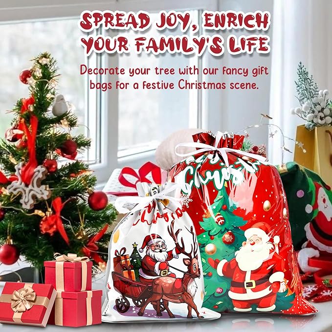 AURUZA 40Packs Christmas Drawstring Gift Bags - Assorted Sizes from Small to Jumbo, with Colorful Designs & Tags, deal for Holiday Wrapping & Decorations Party Favors